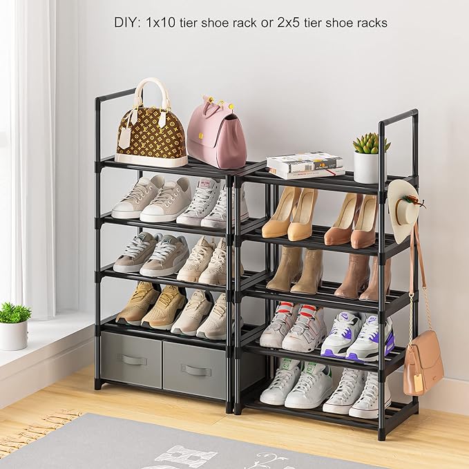 Tall Shoe Rack Narrow 10 Tier Shoes Rack 20 25 Pairs, Shoe Storage Organizer for Closet, Sturdy Metal Shoe Shelf Shoe Stand with 2 Boxes 1 Hook