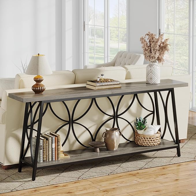 70.9-Inch Sofa Table, 2-Tier Narrow Console Table with Storage for Entryway, Living Room, Hallway, Foryer, Geometric Pattern Design (Grey)