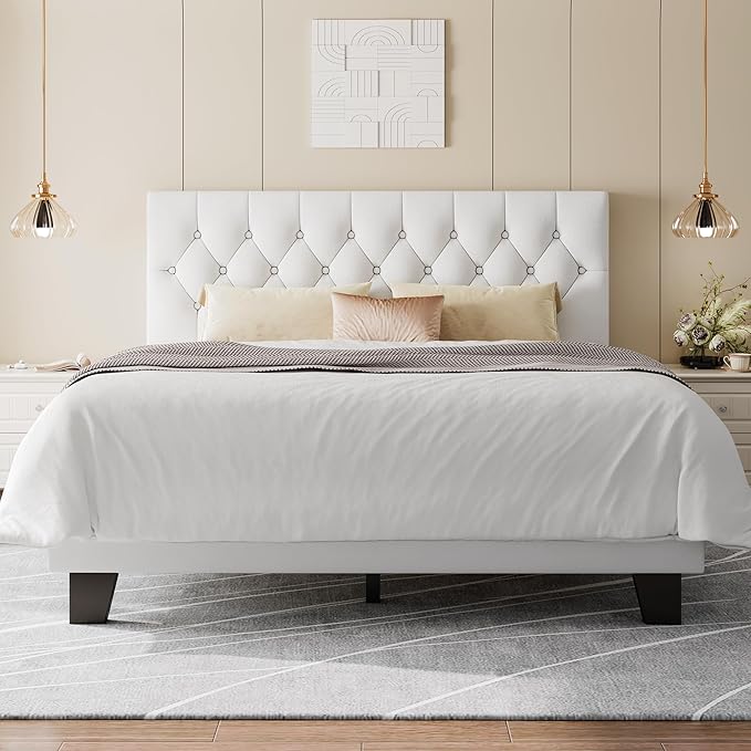 Feonase Velvet Full Size Platform Bed Frame with Button Tufted Headboard, Upholstered Bed with Wooden Slats Support, No Box Spring Needed, Easy Assembly, Noise-Free, White