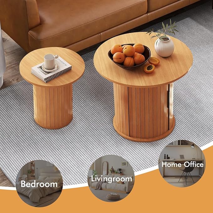 Modern Walnut End Table with Storage - Fluted Design Living Room Accent Table, Tall Bedside Nightstand & Sofa Side Table for Small Spaces, Dark Wood Finish (23.6" Wide, Natural)