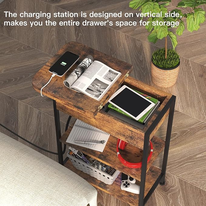 LIDYUK Set of 2 Brown End Tables with Charging Station, Narrow Side Tables for Small Spaces, Nightstands, Living Room, Brown