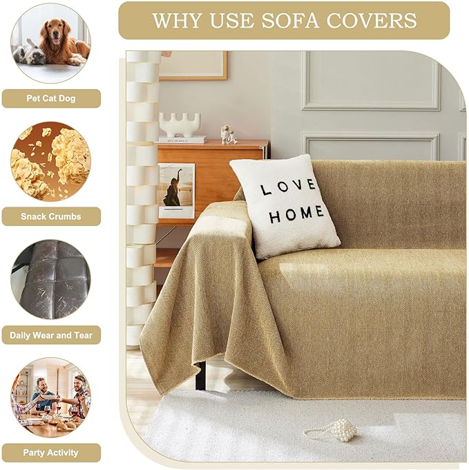 STACYPIK Wear-Resistant Chenille Sofa Cover, Non Slip Couch Cover for Dogs, Washable Pets Protector for 2 Cushion Sofa, Brown Herringbone Sofa Covers Sectional Couch Covers for Living Room-71X118IN