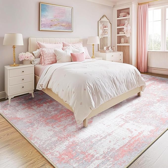 Washable Area Rugs 7'x9' Non-Slip Modern Abstract Soft for Living Room Entryway Bedroom Nursery, Print Pattern, Grey Pink