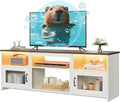 PRAISUN TV Stand for 60 Inch TV, TV Console Cabinet with Power Outlets and LED Lights, 54 Inch Entertainment Center, 2 Acrylic Cabinets, 4 Cable Holes, Open Shelves, for Living Room, Distressed White