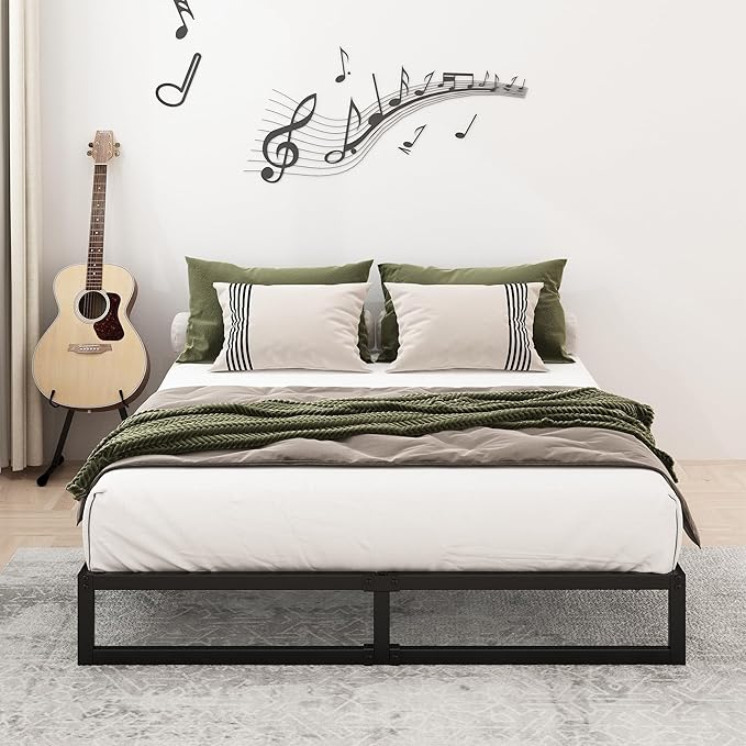 8 Inch Queen Bed Frame Heavy Duty Steel Slat Support Metal Queen Size Platform Bed Frame No Box Spring Needed, Easy Assembly, Black