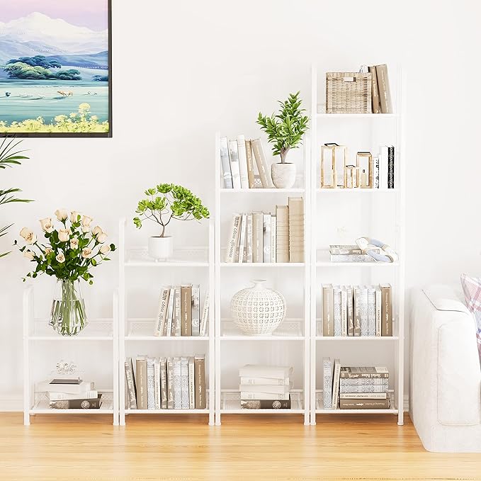 Bookshelf Storage Shelf Small Bookcase Freestanding Storage Stand for Living Room Bedroom, Kitchen, Rust Resistance, Easy Assembly Free Combination Multi-Functional Organizer (4 Tiers, White)
