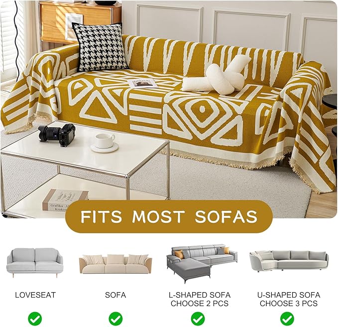 STACYPIK Boho Mustard Yellow Couch Cover Sofa Cover for Dogs Reversible Furniture Protector for 2 Cushion Couch Washable Sectional Sofa Covers Loveseat Cover Non Slip Pet Protector Cover-71X102IN