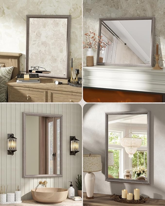 Axeman 30x36 Wood Wall Mirror, Rustic Bathroom Mirror, Vintage Wall Mounted Mirror Tempered Glass with Beaded Wooden Frame for Farmhouse Living Room Vanity Bedroom Entryway, Grey