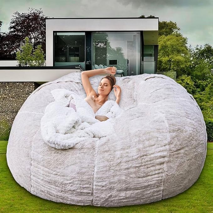 Bean Bag Chair for Adults Kids Without Filler Comfy Giant Round Lazy Sofa Chair Cover Floor Chair Cover for Bedroom Living Room, 7FT, White