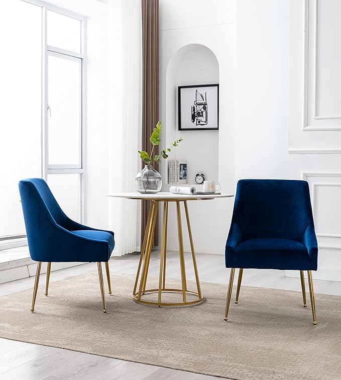 Modern Velvet Dining Chairs Set of 6, Contemporary Upholstered Furniture Collection with Polished Gold Metal Legs, Elegant Accent Chairs for Kitchen Living Room(Blue)
