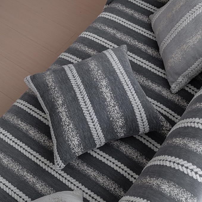 Pack of 1 Decorative Throw Pillow Covers 12x20 Inch, Pillow Cases for Living Room Couch Bedroom Farmhouse Home Decor, Soft Stripe Chenille Cushion Covers for Sofa Grey,12''x20''