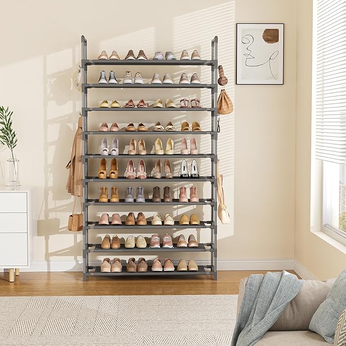 Tall Shoe Rack 10 Tier Shoe Organizer Large Shoe Shelf with 18 Hooks Storage for 50 Pair Sneaker and Boot, Stackable Vertical Shoe Rack Organizer for Closet, Entryway, Bedroom, Grey