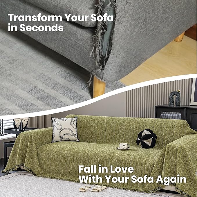 Nobildonna Sofa Cover Washable Soft Thicken Chenille Couch Cover with Tassel,Waterproof Sofa Slipcover for 2-3 Cushion Couch,Sectional Sofa,L-Shaped Furniture Protector Pet-Friendly,Green 71"x118"