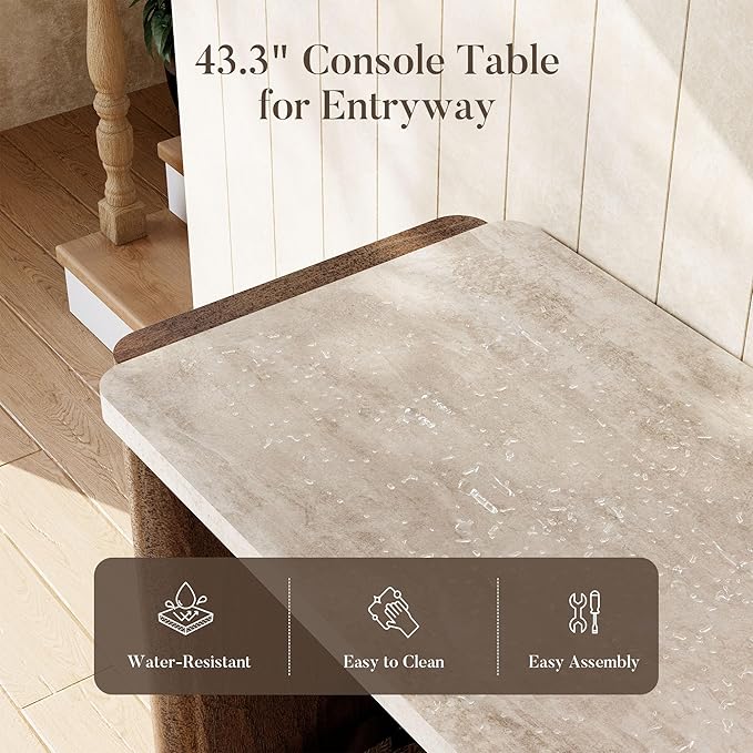 COSIEST 43.3" Farmhouse Console Table for Entryway, 2-Tier Sofa Table with Faux Stone Grain Top, Slim Accent Table for Hallway, Behind Couch, or Living Room, Brown Wood Look