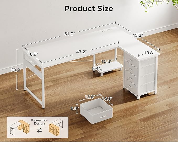 AODK L Shaped Desk with 4 Tier Drawers, 61" Reversible Gaming Desk with Power Outlets, L Shaped Computer Desk with USB Charging Port and Host Stand, Home Office Corner Desk, Easy to Assemble, White
