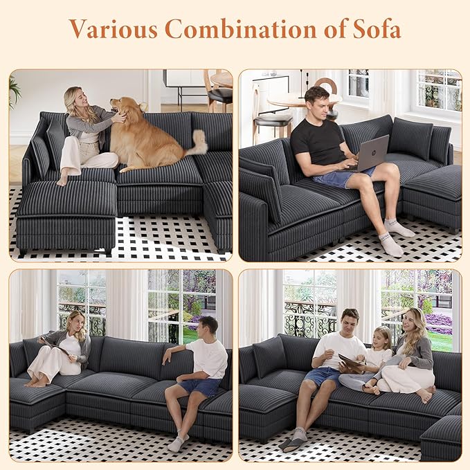Vesgantti 109" L Shaped Cloud Sectional Couch, Comfy Corduroy Upholstered Modular Couches for Living Room, Modern 3 Seater Sectional Sofa with Ottoman Deep Seat, Dark Grey