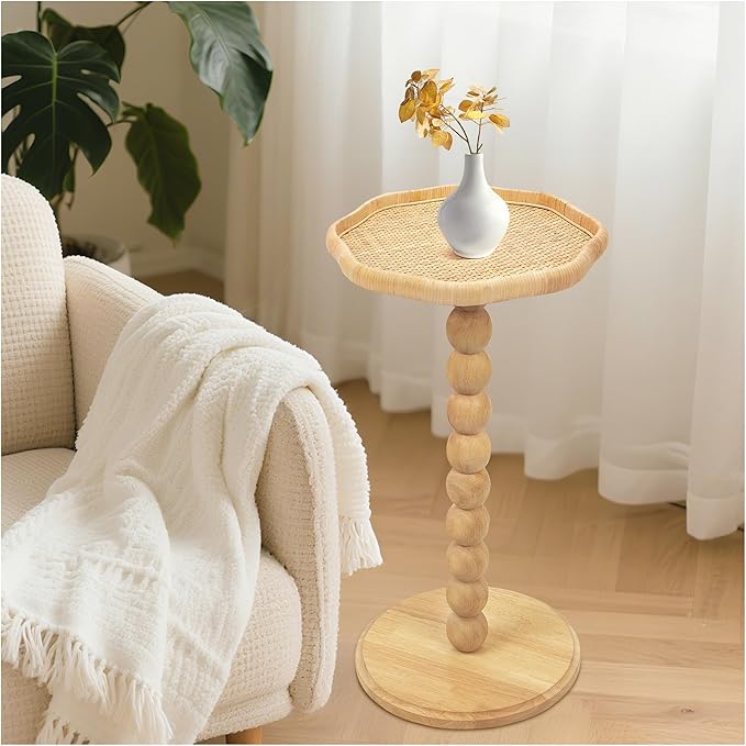 Drink Table, Boho Rattan Flower Small Side Table for Small Spaces, Solid Wood Modern Nightstand for Living Room, Bedroom, Farmhouse, Corners