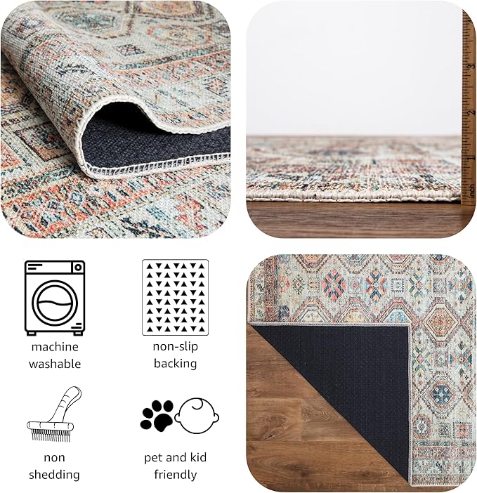 Keen Home Design 2x12 Rug - Machine Washable Runner Rug with Non-Slip Backing, Ideal for Hallway, Entryway, Kitchen, Laundry Room - Vintage, Easy Clean, Durable, Low Pile - (2'6" x 12')