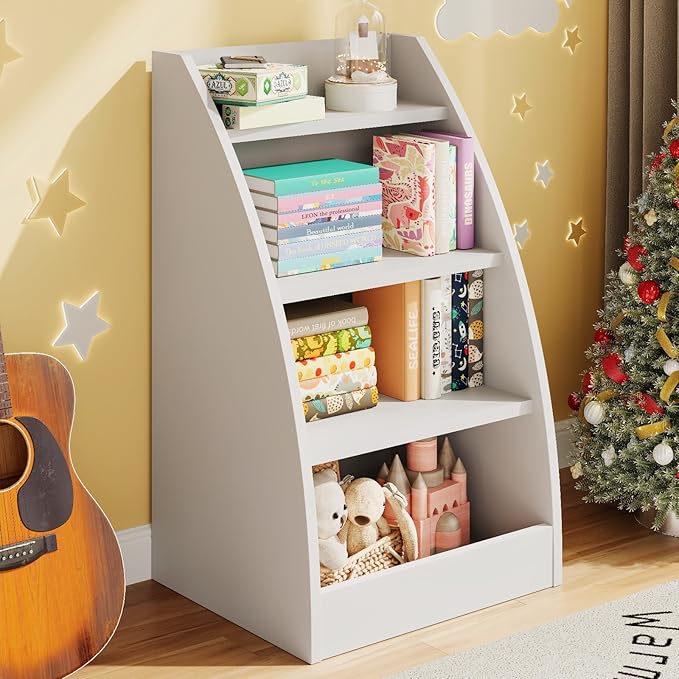 Kids Bookshelf and Toy Organizer,4 Tier Kids Book Shelf for Kids Rooms,Wood Children Bookcase,Baby Storage Book Rack,Toddler Bookshelf,Toy Storage Organizer,Book Display Shelf for Playroom, Nursery