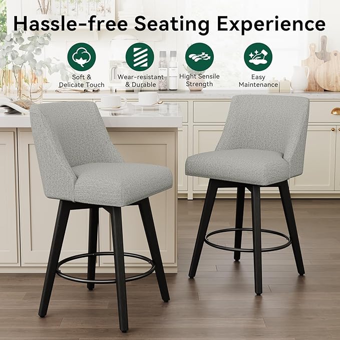 Vipbear Swivel Counter Height Bar Stools Set of 2,26.8" H Counter Stools with Back, Mid Century Modern Bar Stools for Kitchen Island,Linen Fabric,Wooden Base, Light Gray