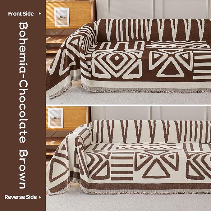 STACYPIK Sofa Covers Decorative, Boho Couch Cover for Sectional, Chocolate Sofa Protector for 3 Cushion Couch, Multi-Use Sofa Cover for Dogs with Tassles, Washable Sofa Slipcover for Loveseat-71X134IN