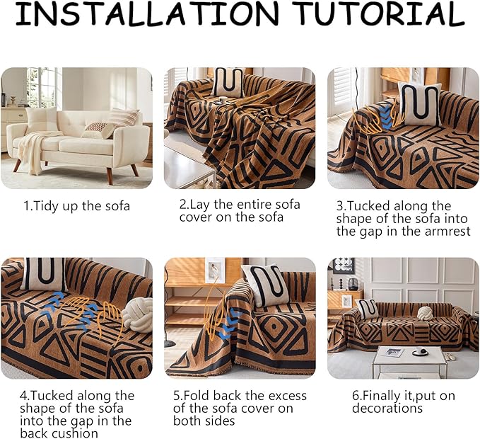 HANDONTIME Boho Geometric Couch Covers for Sofa Pet Friendly Brown and Black Sofa Covers Washable Chenille Couch Blanket Cover for 3 4 Cushion Couches Pet Protector Furniture Cover Soft, 71" X 134"