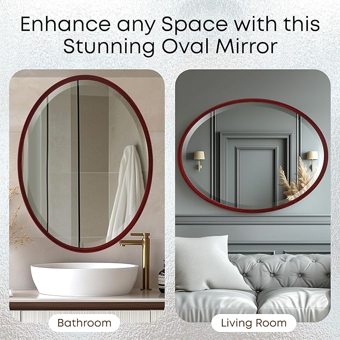 OVALCREST - Oval Wooden Beveled Wall Mirror for Home Decor, Bathroom, Vanity, Bedroom, Living Room, Hallway - London Style (Black Cherry) 19.1 x 25.1