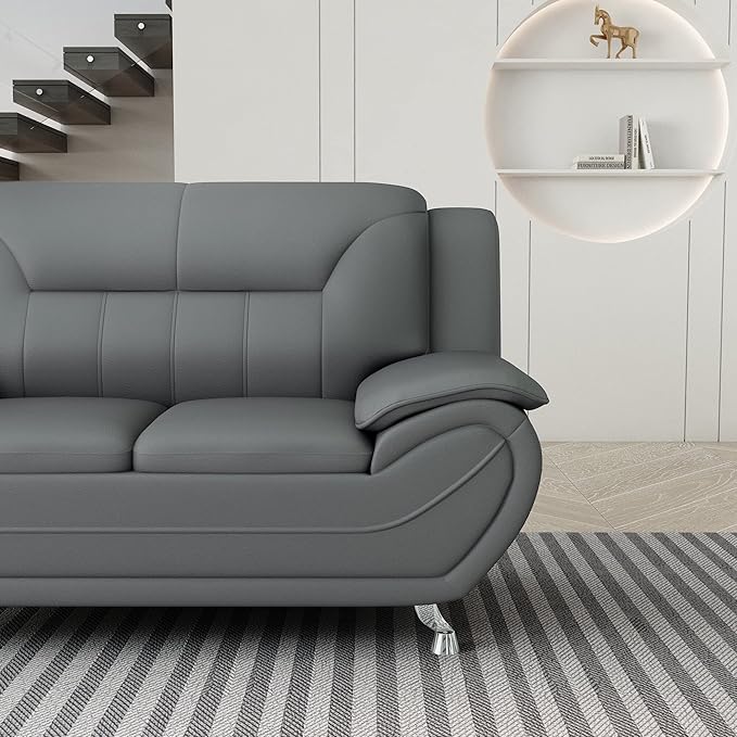 Container Furniture Direct Michael Modern Faux Leather Upholstered Stainless Steel Legs Living Room Sofa, Loveseat, Sleek Gray
