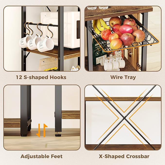 SUPERJARE Large Bakers Rack with Power Outlets, 6-Tier Microwave Stand, Coffee Bar with 12 S-Shaped Hooks, Kitchen Shelf with Wire Basket, 39.3 x 15.5 x 66.9 Inches, Rustic Brown
