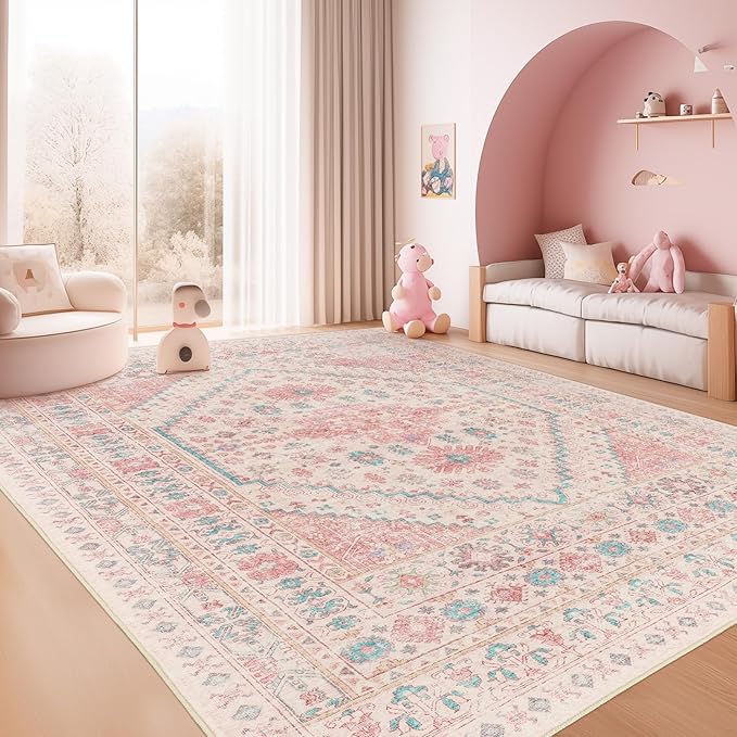 zesthome Pink Rug - 5x7 Area Rugs for Bedroom, Stain Resistant Washable Rugs for Nursery Room, Living Room, Home Decor, Girls Rug (Pink/Blue,5'x7')