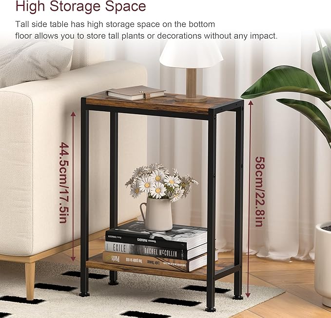 Narrow Side Table for Small Space, 2-Tier Small End Table with Shelf Holder, Slim Nightstand, Skinny Snack Couch Table in Living Room, Bedroom, Study, Kitchen and Balcony (Rustic Brown)