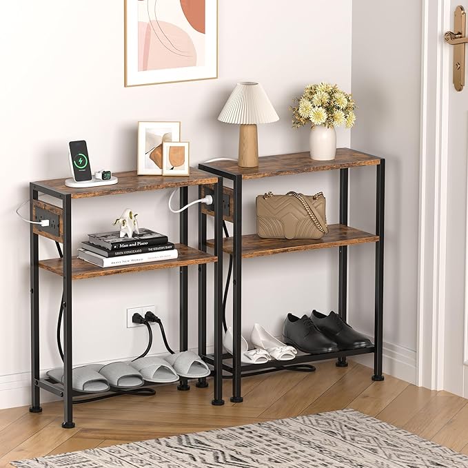 Small Narrow Side Table with Charging Station, Skinny End Table for Small Spaces, Slim Nightstand with Outlets, Sofa Bedside Table in Living Room, Bedroom, Study, Kitchen and Balcony (Rustic Brown)