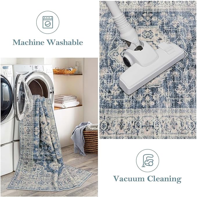 Lahome Oriental Area Rug, 3x5 Washable Rugs for Living Room Non Slip Entry Mat, Vintage Soft Pet Friendly Throw Carpet for Entryway Bedroom Dinning Room, Blue