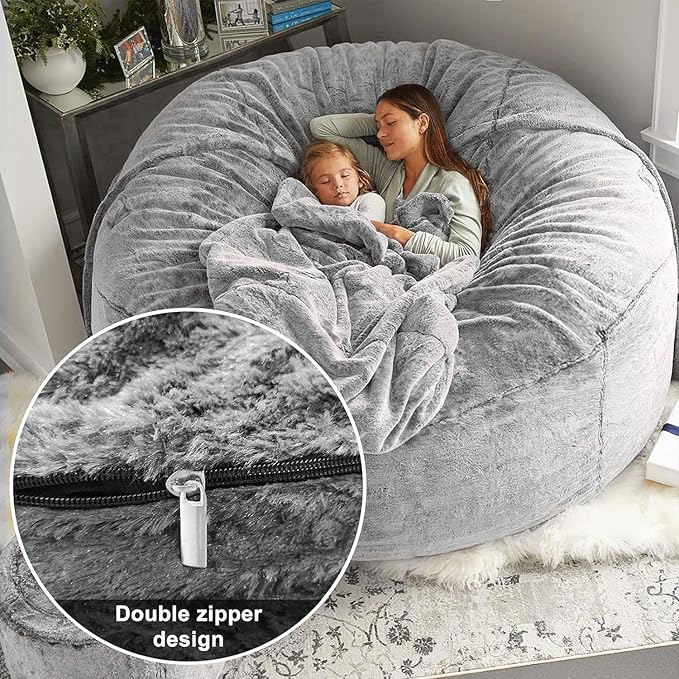 BCU Bean Bag Cover Comfy Beanbag Chair for Adults Without Filler Faux Fur Lazy Sofa Cover for Living Room Chairs, Grey, 3.5FT