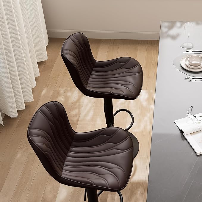 YOUNIKE Brown Bar Stools Set of 6 Modern Swivel Counter Height Bar Chair with Back Adjustable Kitchen Island Faux Leather Padded Barstools taburetes de bar Breakfast sillas para barra de cocina 6PCS