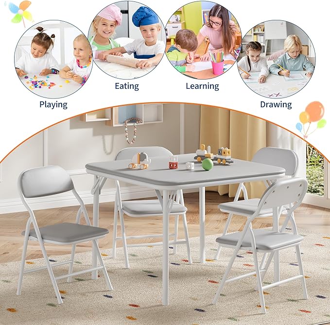 GarveeHome 3-Piece Kids Folding Table and Chairs Set, Toddlers Children's Activity Table and Chairs Set for Dining Room,Daycare,Classrooms