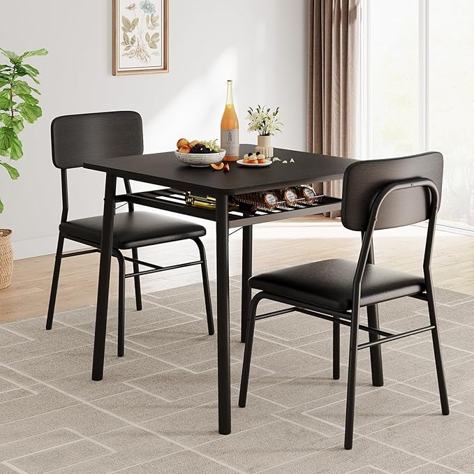 3-Piece Dining Table Set for 2, Wood Kitchen Table Set with Built-in Storage Rack,Small Kitchen Table with Upholstered Chairs and Metal Frame for Small Spaces，Black Wood Grain Color