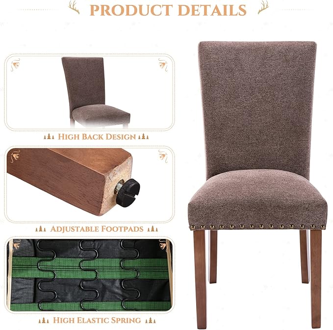 Parsons Dining Chairs Set of 4, Upholstered Nailhead Dining Room Kitchen Side Chair with Thick Cushions and Wood Legs, Brown