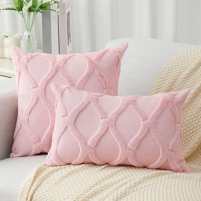 decorUhome Throw Pillow Covers 16x16 Inch Set of 2, Soft Plush Faux Fur Wool Light Pink Couch Pillow Covers, Decorative Neutral Pillow Cases for Bed Sofa Living Room Home Decor