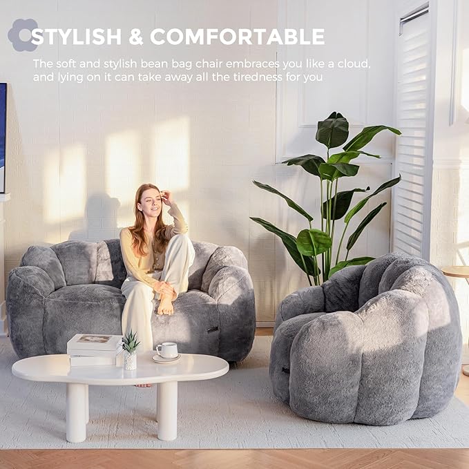 MAXYOYO Bean Bag Chair for Adults, Loveseat Floral Shaped Bean Bag Sofa, Ultra Soft Love Seat Mini Sofa Couch, Faux Fur Reading Chair for Living Room Bedroom, Dark Grey