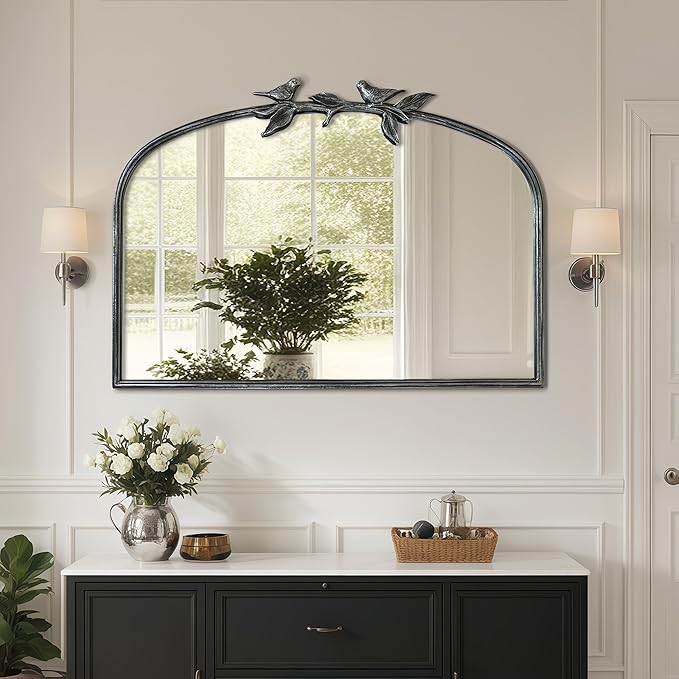 Silver Vintage Mirror - 36x24 Inch, Arched Antique Mirror with Ornate Frame for Bathroom, Living Room, Fireplace, Entryway
