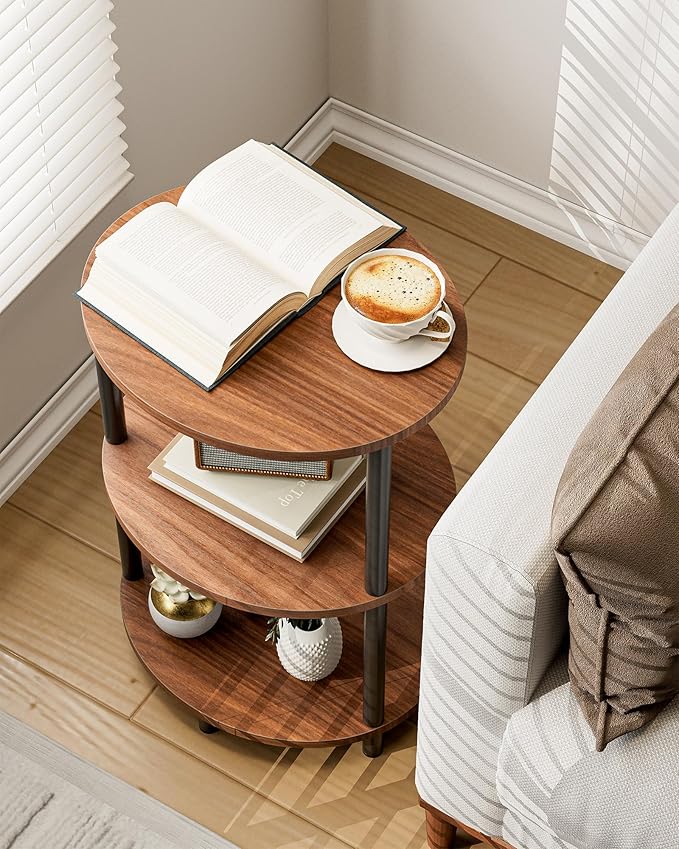 Small Round Side Table - 3-Tier Oval Accent Table for Small Spaces, Rustic Wood and Metal Couch End Table, Nightstand for Bedroom or End Table Living Room, Set of 2, Rustic Walnut