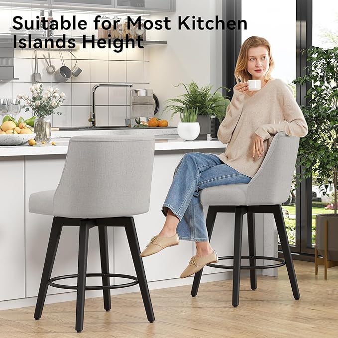 Vipbear Swivel Counter Height Bar Stools Set of 2,26.8" H Counter Stools with Back, Mid Century Modern Bar Stools for Kitchen Island,Linen Fabric,Wooden Base, Light Gray