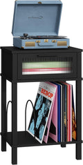 End Table with Record Player Stand, Side Table with Storage, 2-Tier Nightstand with Drawer and Record Holder, Modern Black Bedside Table for Living Room Bedroom MLBZ18B