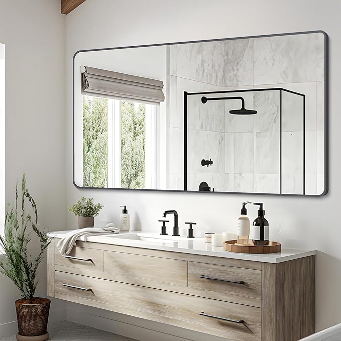 30" x 60"Bathroom Mirror, Matte Black Wall Mirror with Metal Frame, Decorative Rectangular Vanity Mirror for Bedroom Bathroom Living Room Entryway (Horizontal)