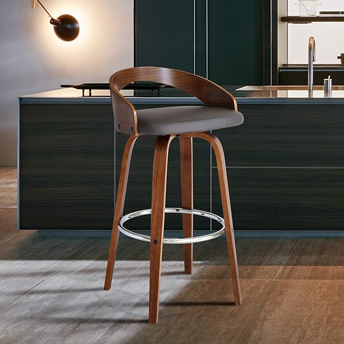 Armen Living Sonia 26" Counter Height Swivel Gray Faux Leather and Walnut Wood Bar Stool - Set of 3