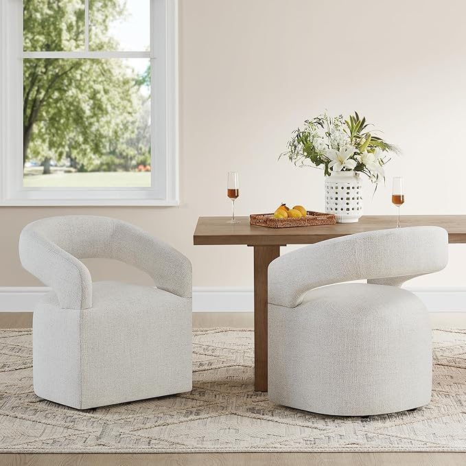 Upholstered Dining Chairs with Casters Modern Barrel Side Armchair with Rollers for Diningroom Bedroom Livingroom Reading Room, Beige, 2PCS