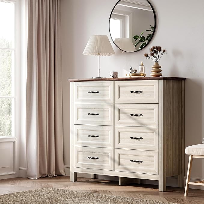 LINSY HOME 8 Drawers Dresser for Bedroom, 47" Wide Wooden Storage Chest with Antique Handles, Modern Farmhouse Dresser TV Stand with Wood Legs for Closet, Living Room, Hallway, Beige