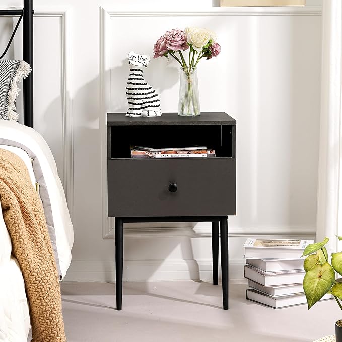 VECELO 2-Tier Nightstands Bedside Table with Storage Drawer and Open Wood Shelf, End Table for Living Room, Bedroom and Small Spaces, Night Stand with Metal Legs, Easy Assembly
