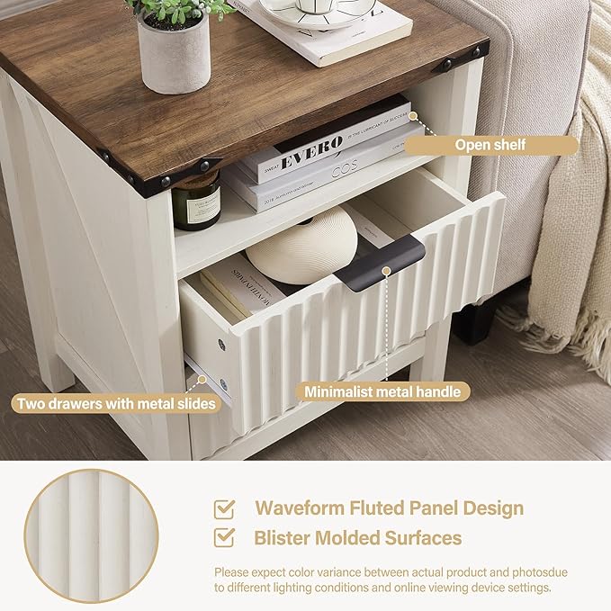 Antique White Nightstand with Charging Station Set of 2-20 Inch Wide Farmhouse Fluted Bedside Table with 2 Drawers, Modern Wood End Side Table for Bedroom Study Storage Home
